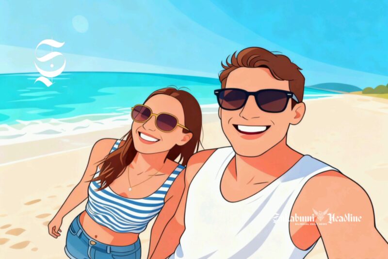 Ilustrasi sepasang turis mancanegara sedang wefie di pantai - sukabumiheadline.com