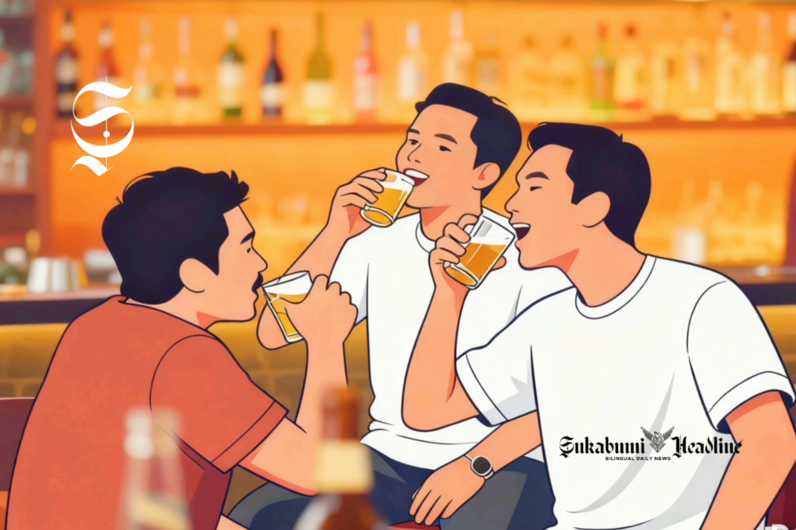 Ilustrasi tiga orang pria sedang meminum minuman beralkohol di bar - sukabumiheadline.com