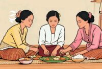 Ilustrasi tiga perempuan Sunda sedang botram atau makan bareng - sukabumiheadline.com