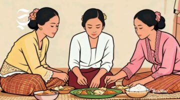 Ilustrasi tiga perempuan Sunda sedang botram atau makan bareng - sukabumiheadline.com