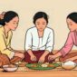 Ilustrasi tiga perempuan Sunda sedang botram atau makan bareng - sukabumiheadline.com