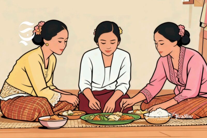 Ilustrasi tiga perempuan Sunda sedang botram atau makan bareng - sukabumiheadline.com