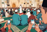 Ilustrasi tren dakwah Islam 2026, ulama sedang ceramah di dalam masjid, tapi jemaah sibuk scroll media sosial - sukabumiheadline.com