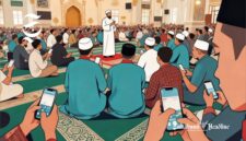 Ilustrasi tren dakwah Islam 2026, ulama sedang ceramah di dalam masjid, tapi jemaah sibuk scroll media sosial - sukabumiheadline.com