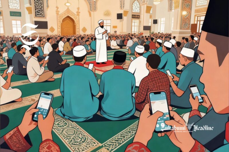 Ilustrasi tren dakwah Islam 2026, ulama sedang ceramah di dalam masjid, tapi jemaah sibuk scroll media sosial - sukabumiheadline.com