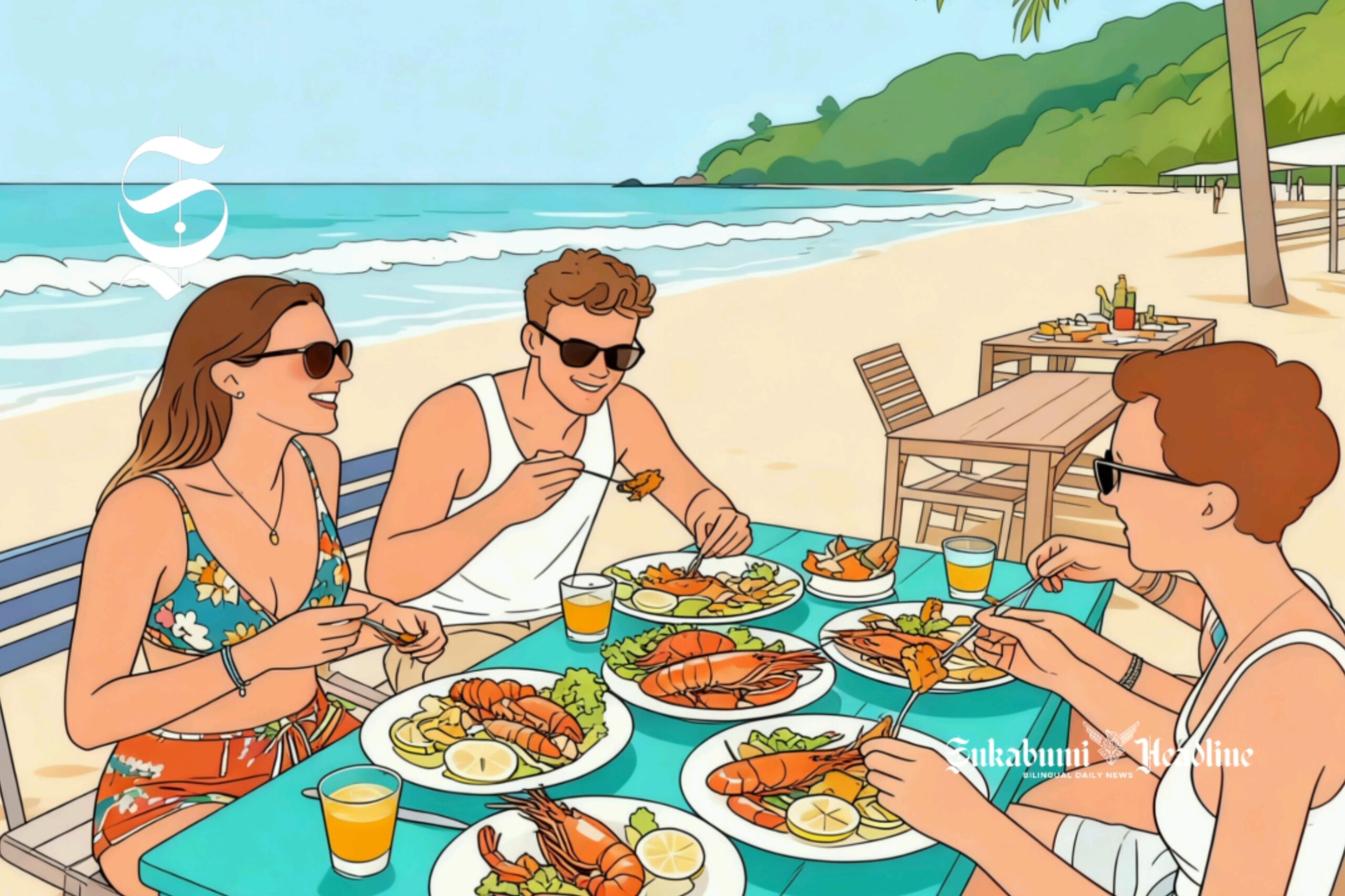 Ilustrasi turis asing sedang menikmati hidangan seafood di sisi pantai - sukabumiheadline.com
