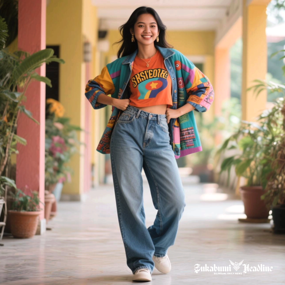 Wanita memakai outfit kemeja lengan panjang dan celana jeans longgar retro era 90 - sukabumiheadline.com