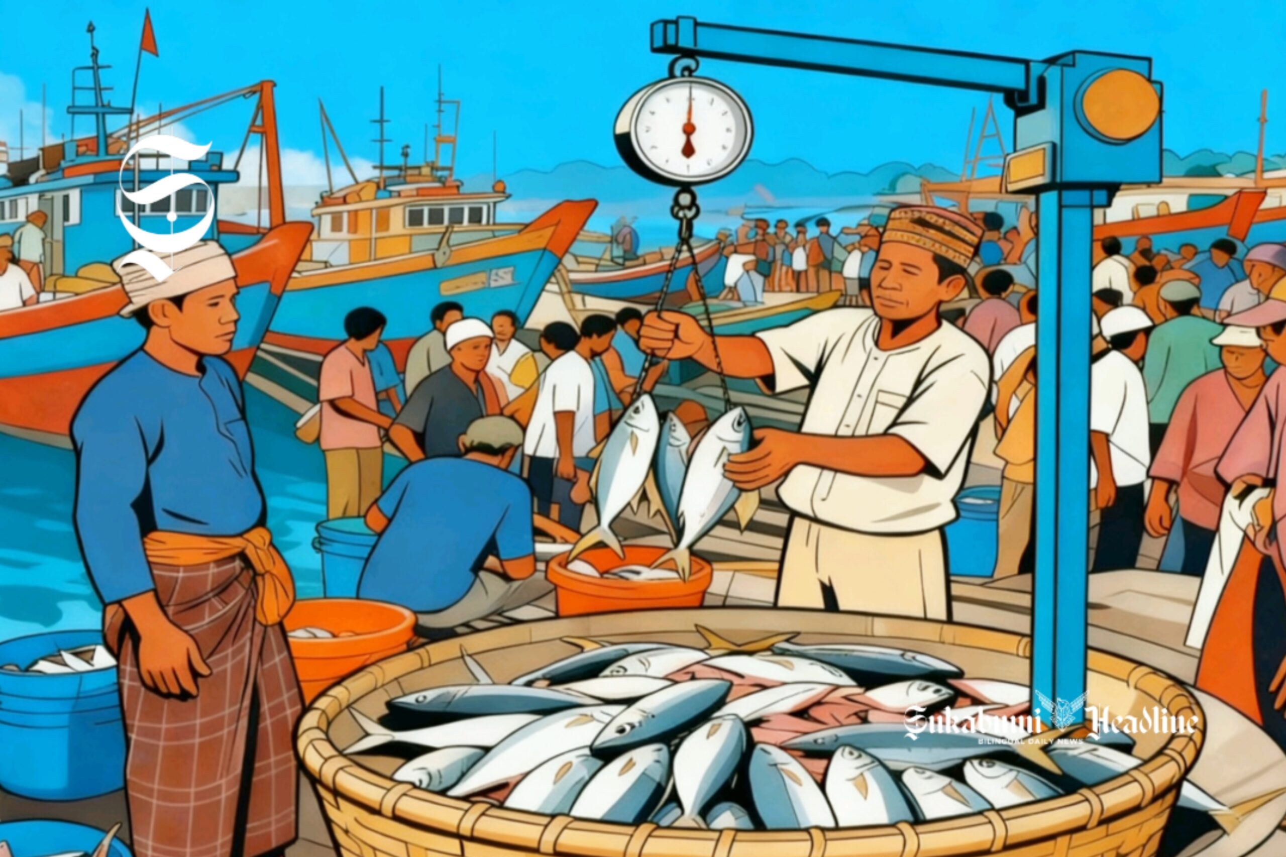 Ilustrasi nelayan sedang menimbang tangkapan ikan di pelabuhan - sukabumiheadline.com