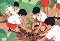 Ilustrasi pelajar SD sedang menanam pohon - sukabumiheadline.com