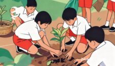 Ilustrasi pelajar SD sedang menanam pohon - sukabumiheadline.com