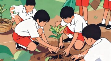 Ilustrasi pelajar SD sedang menanam pohon - sukabumiheadline.com