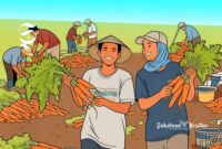 Ilustrasi petani wortel tersenyum sambil memperlihatkan wortel hasil panen - sukabumiheadline.com