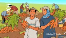 Ilustrasi petani wortel tersenyum sambil memperlihatkan wortel hasil panen - sukabumiheadline.com