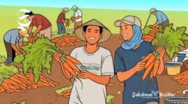 Ilustrasi petani wortel tersenyum sambil memperlihatkan wortel hasil panen - sukabumiheadline.com