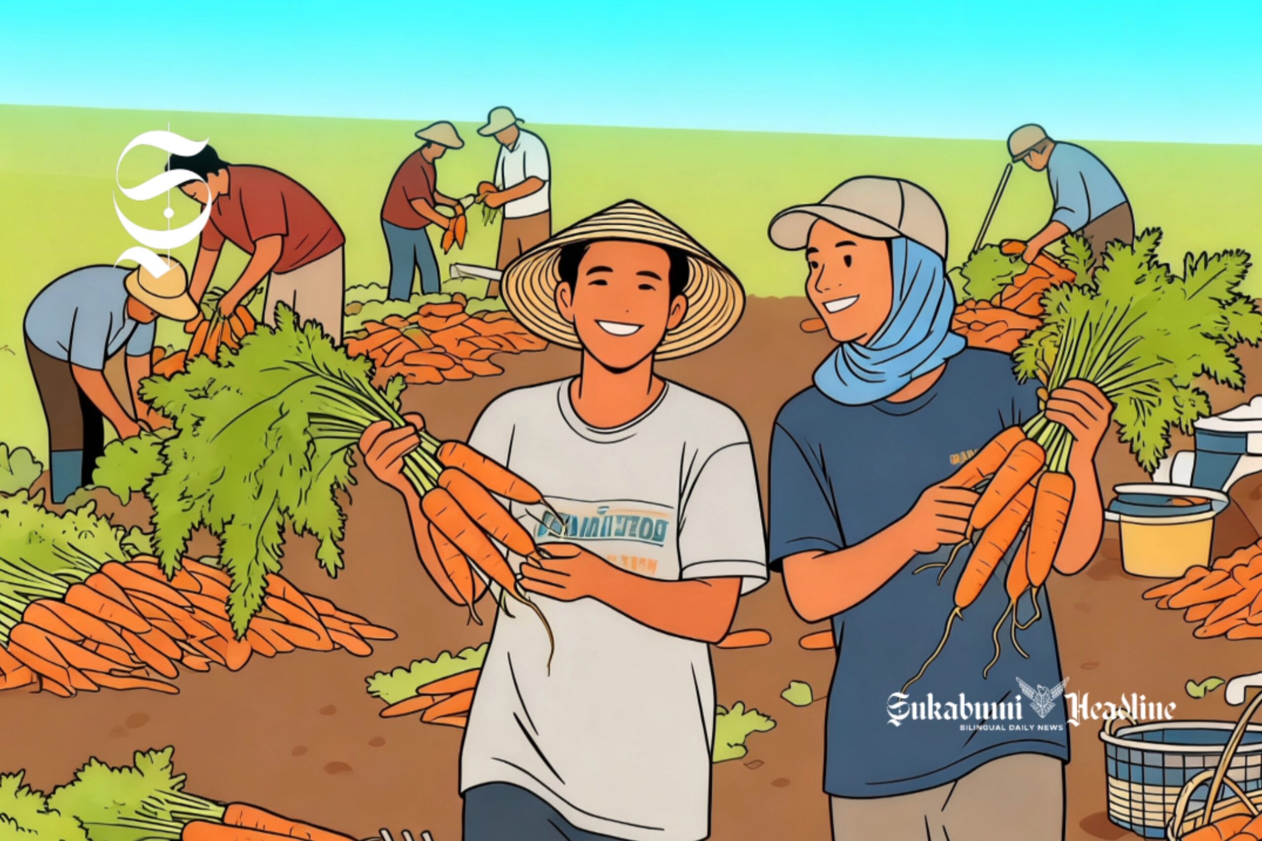 Ilustrasi petani wortel tersenyum sambil memperlihatkan wortel hasil panen - sukabumiheadline.com