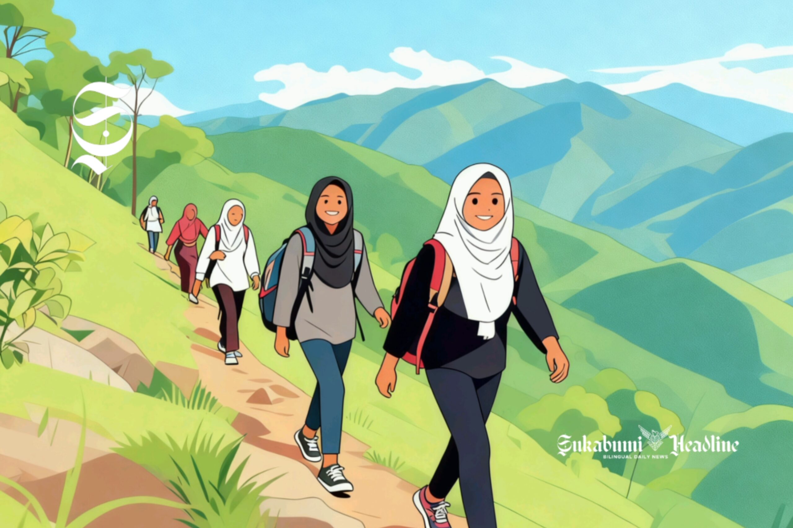 Ilustrasi sekelompok remaja putri sedang mendaki perbukitan - sukabumiheadline.com