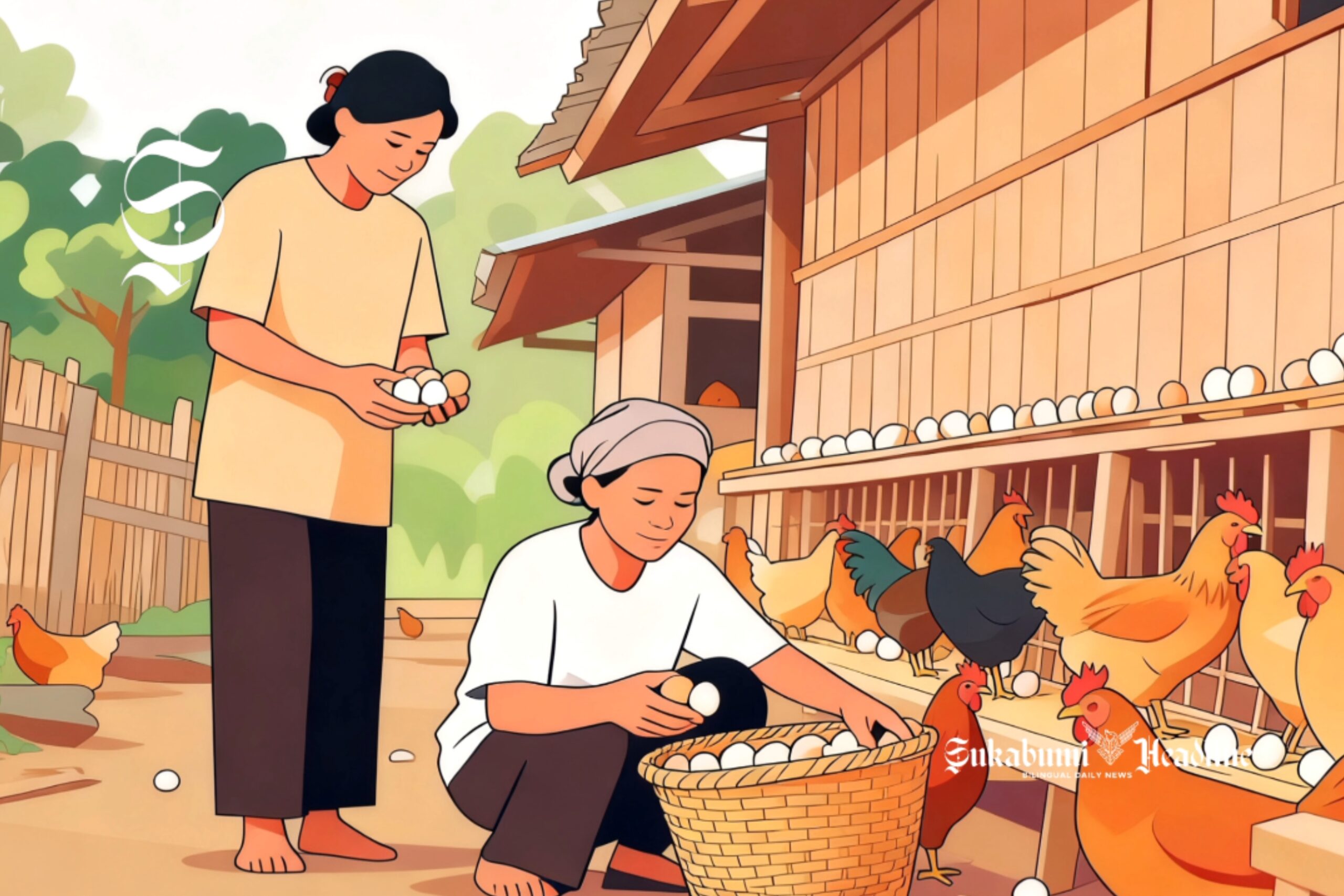 Membanding produksi telur Sukabumi surplus 46,9 juta kg dan Indonesia 1 Peternak tradisional sedang mengumpulkan telur di kandang - sukabumiheadline.com