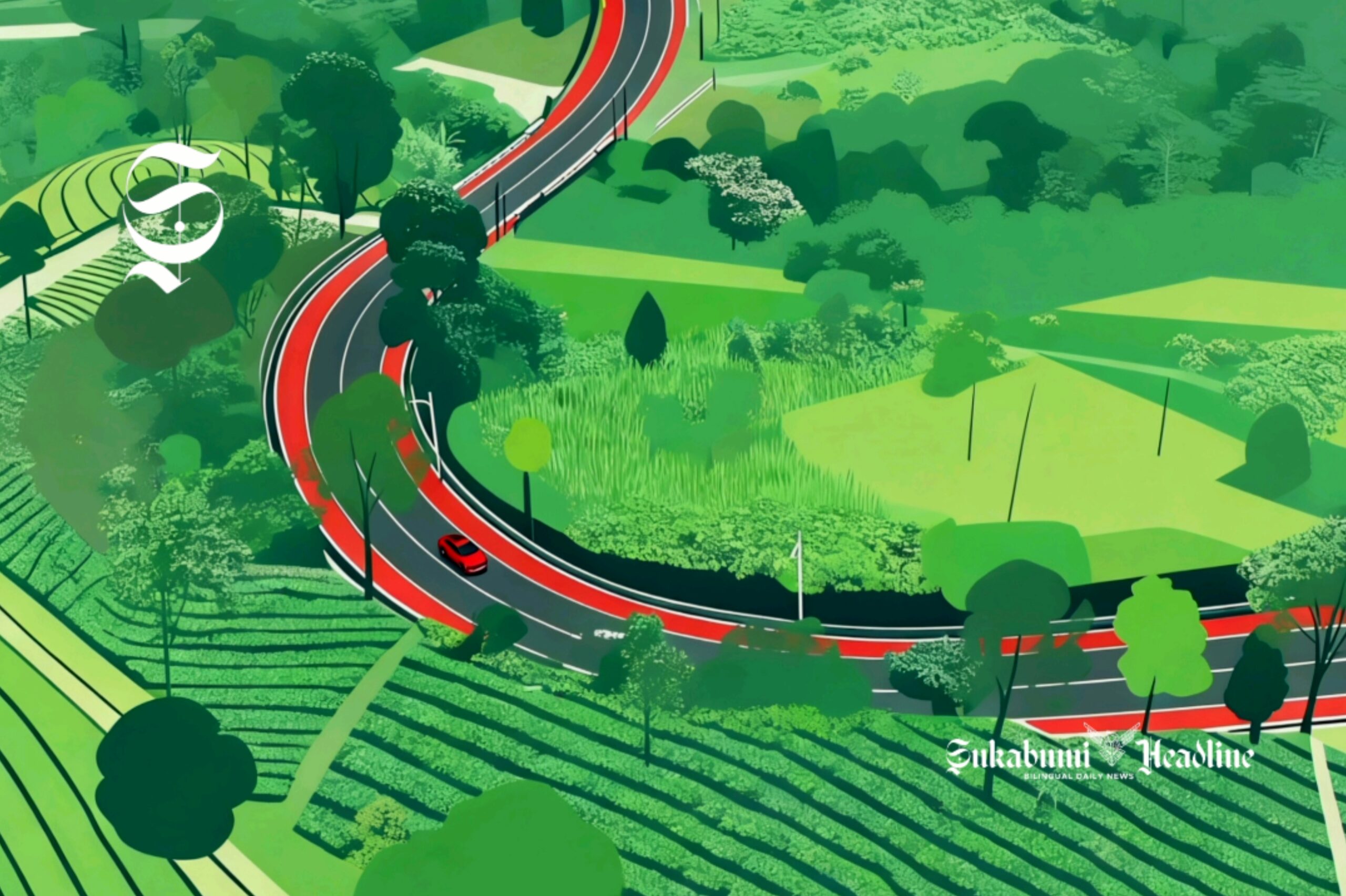 Ilustrasi ruas jalan membelah perkebunan teh - sukabumiheadline.com