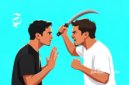 Ilustrasi dua pria bertengkar, salah satu memegang golok - sukabumiheadline.com