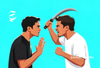 Ilustrasi dua pria bertengkar, salah satu memegang golok - sukabumiheadline.com