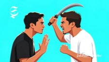 Ilustrasi dua pria bertengkar, salah satu memegang golok - sukabumiheadline.com