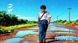 Ilustrasi pelajar melewati jalan rusak - sukabumiheadline.com