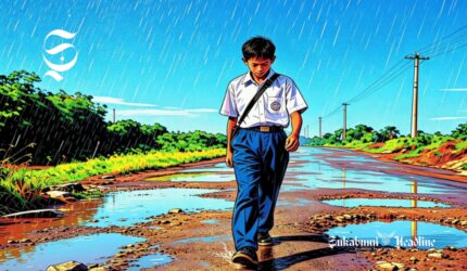 Ilustrasi pelajar melewati jalan rusak - sukabumiheadline.com
