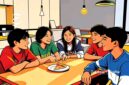 Ilustrasi remaja sedang nongkrong bareng dan hanya tersisa sepotong pizza - sukabumiheadline.com