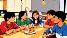 Ilustrasi remaja sedang nongkrong bareng dan hanya tersisa sepotong pizza - sukabumiheadline.com