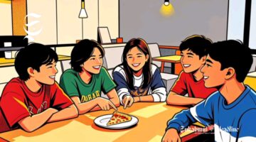 Ilustrasi remaja sedang nongkrong bareng dan hanya tersisa sepotong pizza - sukabumiheadline.com