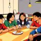 Ilustrasi remaja sedang nongkrong bareng dan hanya tersisa sepotong pizza - sukabumiheadline.com
