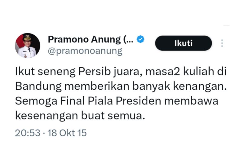 Twit Gubernur DKI Jakarta yang ikut senang Persib juara diungkit Bobotoh - Ist