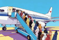 Ilustrasi calon pekerja migran atau tenaga kerja wanita antre naik pesawat - sukabumiheadline.com