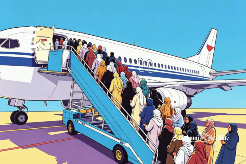 Ilustrasi calon pekerja migran atau tenaga kerja wanita antre naik pesawat - sukabumiheadline.com