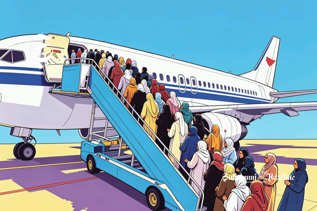 Ilustrasi calon pekerja migran atau tenaga kerja wanita antre naik pesawat - sukabumiheadline.com