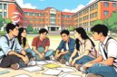 Ilustrasi mahasiswa berkumpul dan diskusi di depan kampus - sukabumiheadline.com