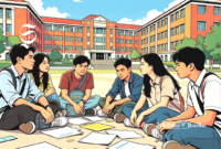 Ilustrasi mahasiswa berkumpul dan diskusi di depan kampus - sukabumiheadline.com
