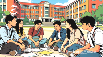 Ilustrasi mahasiswa berkumpul dan diskusi di depan kampus - sukabumiheadline.com