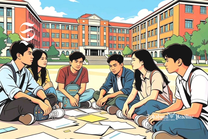 Ilustrasi mahasiswa berkumpul dan diskusi di depan kampus - sukabumiheadline.com