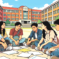 Ilustrasi mahasiswa berkumpul dan diskusi di depan kampus - sukabumiheadline.com