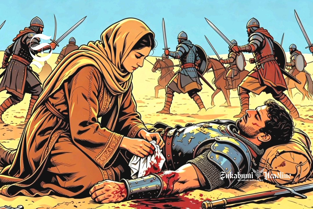 Ilustrasi muslimah sedang merawat tentara korban perang - sukabumiheadline.com