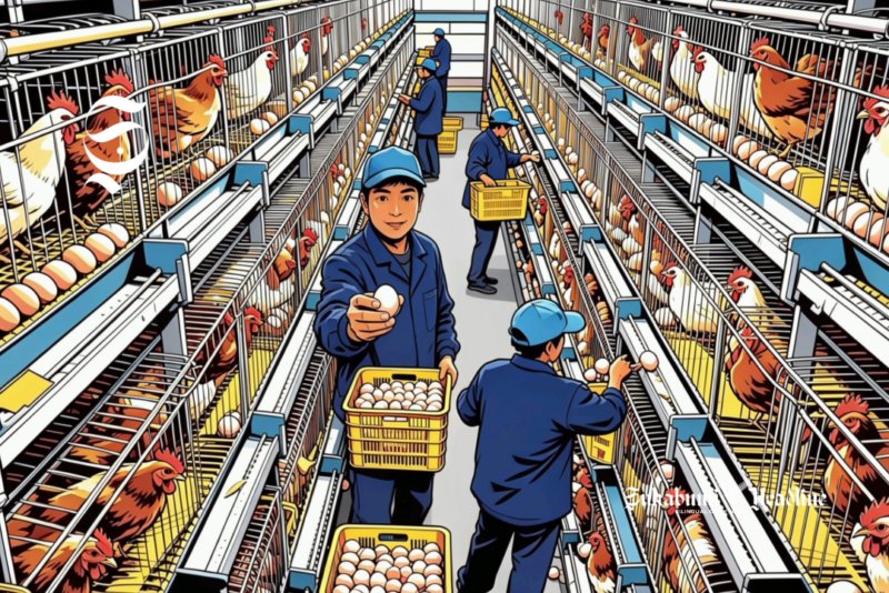 Ilustrasi pegawai sedang panen telur di kandang - sukabumiheadline.com