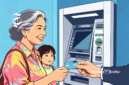 Ilustrasi seorang ibu sedang menerima kartu ATM ditemani anaknya - sukabumiheadline.com