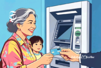 Ilustrasi seorang ibu sedang menerima kartu ATM ditemani anaknya - sukabumiheadline.com
