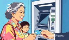 Ilustrasi seorang ibu sedang menerima kartu ATM ditemani anaknya - sukabumiheadline.com