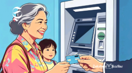 Ilustrasi seorang ibu sedang menerima kartu ATM ditemani anaknya - sukabumiheadline.com