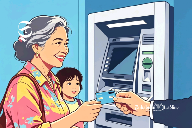 Ilustrasi seorang ibu sedang menerima kartu ATM ditemani anaknya - sukabumiheadline.com