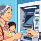 Ilustrasi seorang ibu sedang menerima kartu ATM ditemani anaknya - sukabumiheadline.com