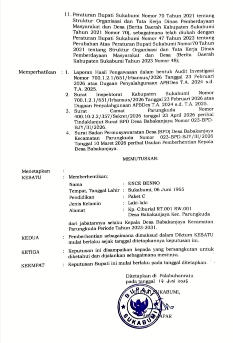 Potongan diduga SK Bupati Sukabumi tentang pemberhentian Kades Babakanjaya - Ist