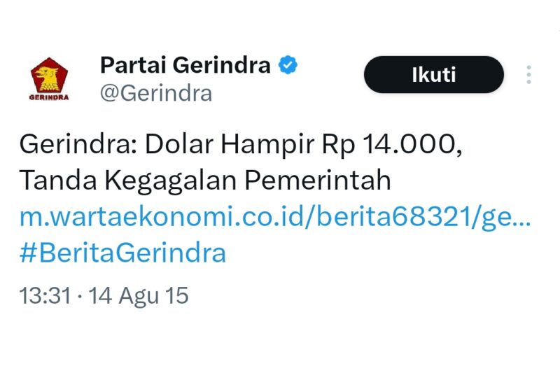 Cuitan admin Partai Gerinda di X, dulu Twitter - Ist